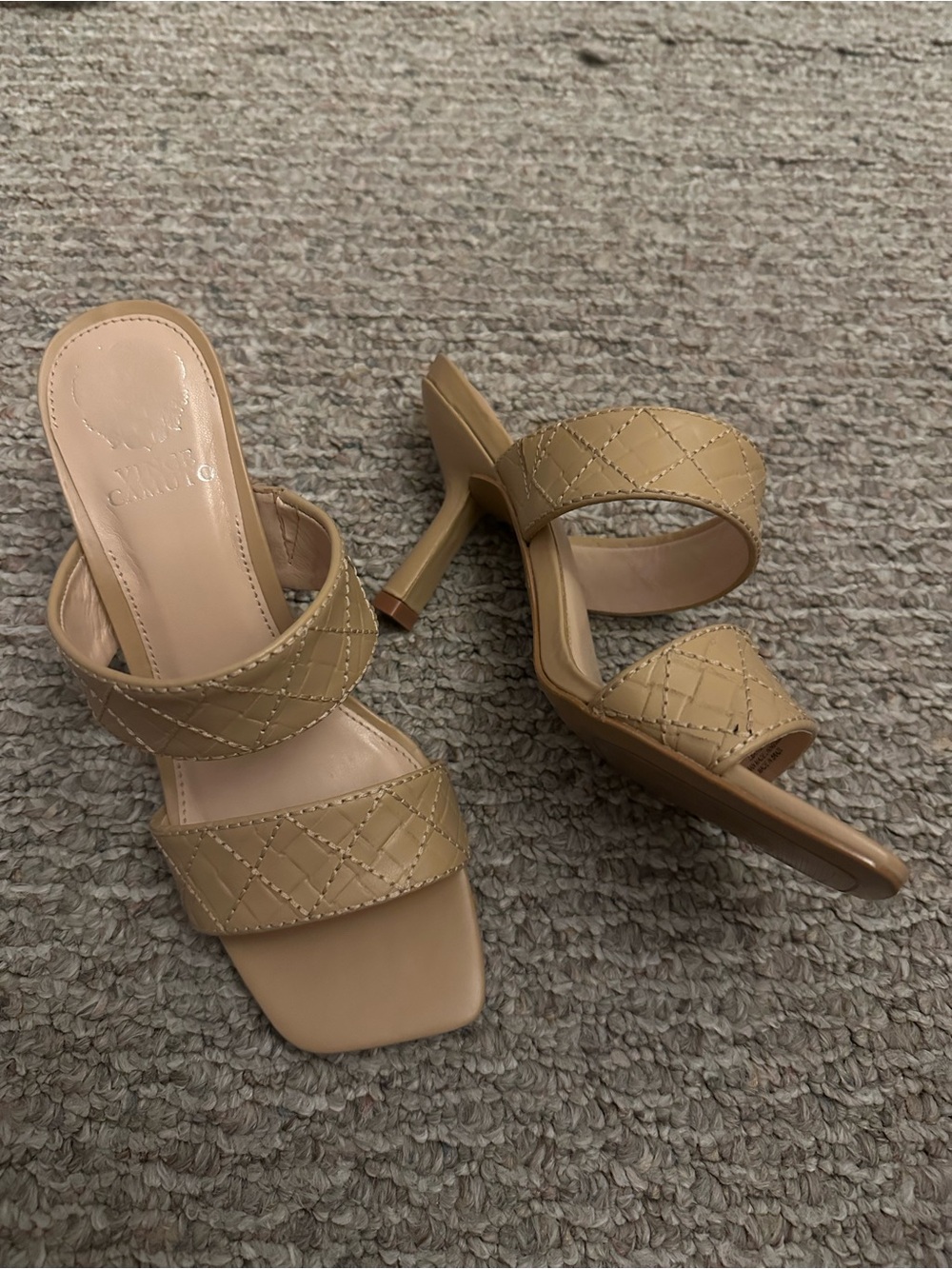Vince Camuto Quilted Double-Strap Heeled Sandals in Tan